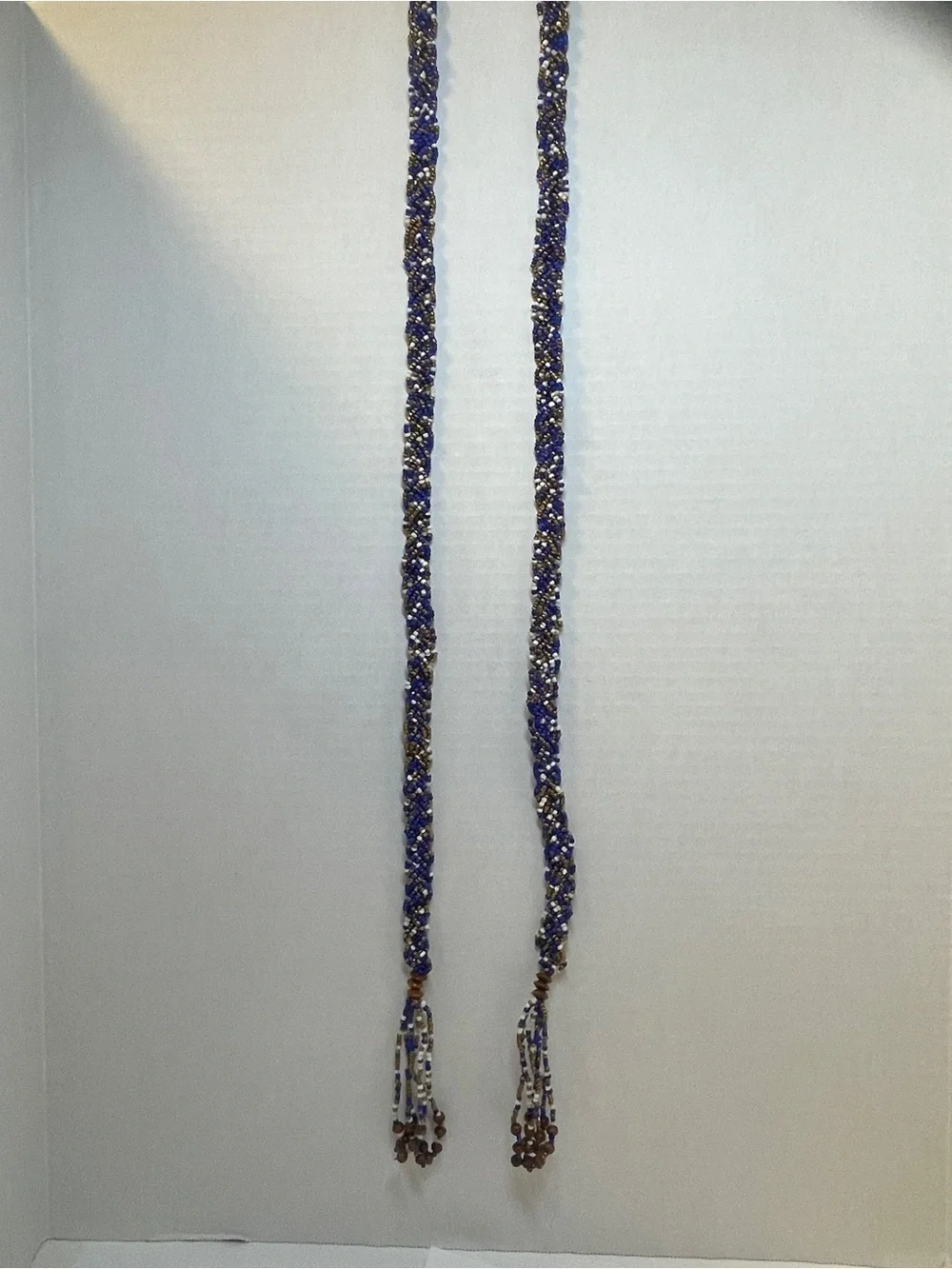 Braided Boho Native Am Style Seed Bead Adjustable Belt Blue Cream Brass, 60”